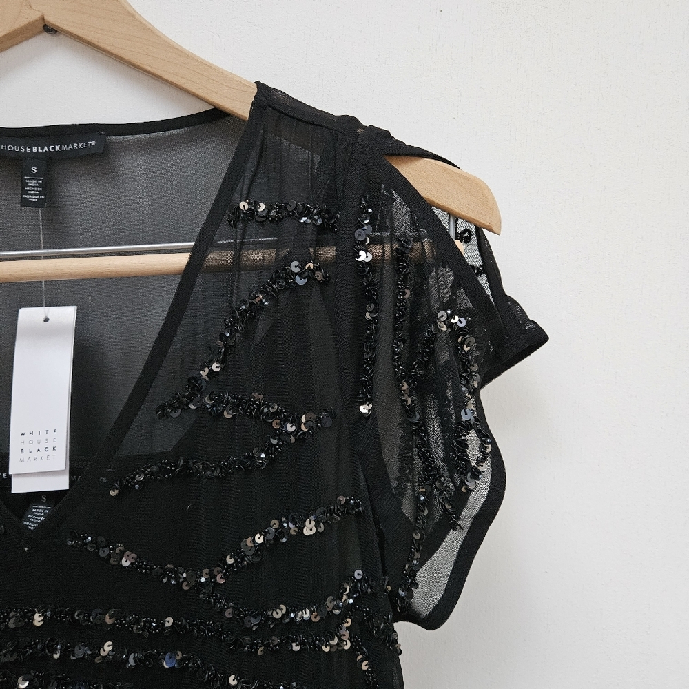 White House Black Market Split Sleeve OTT Tunic, Sequins Black Sz S NWT - Picture 3 of 7